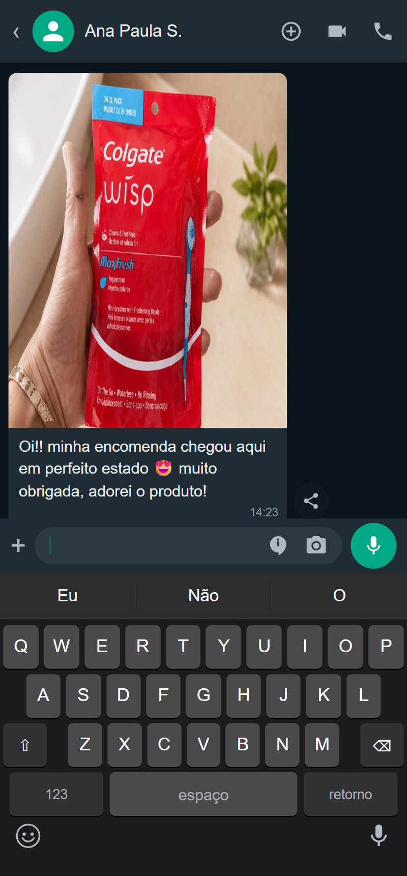 Cliente Ana Paula confirmando recebimento do produto